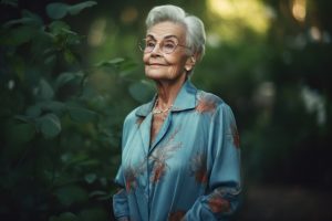Portrait of a beautiful senior woman with glasses in the garden.